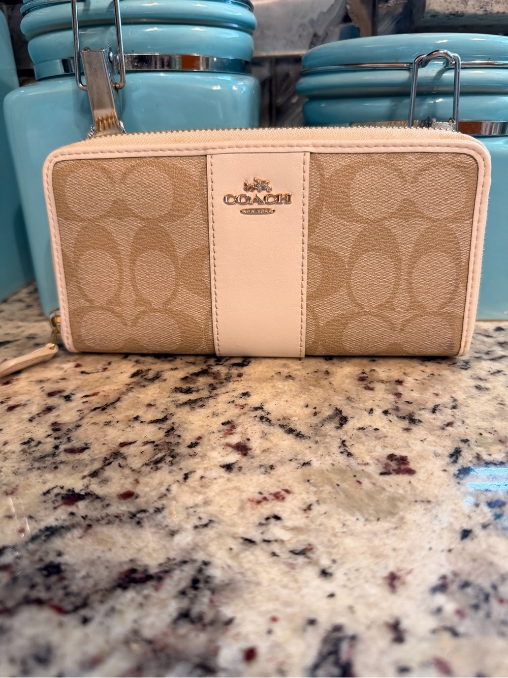 Coach F54630 Tan Canvas Zip Wallet with Chalk Leather Stripe